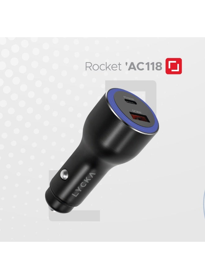 LYCKA Rocket AC118 100W Fast Car Charger with USB-C & USB-A, Power Delivery for Laptop & Smartphones - Image 1